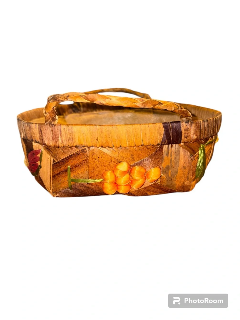 Vintage Woven Straw Basket with 3D Raffia Tulip Flowers Boho Cottagecore 70s